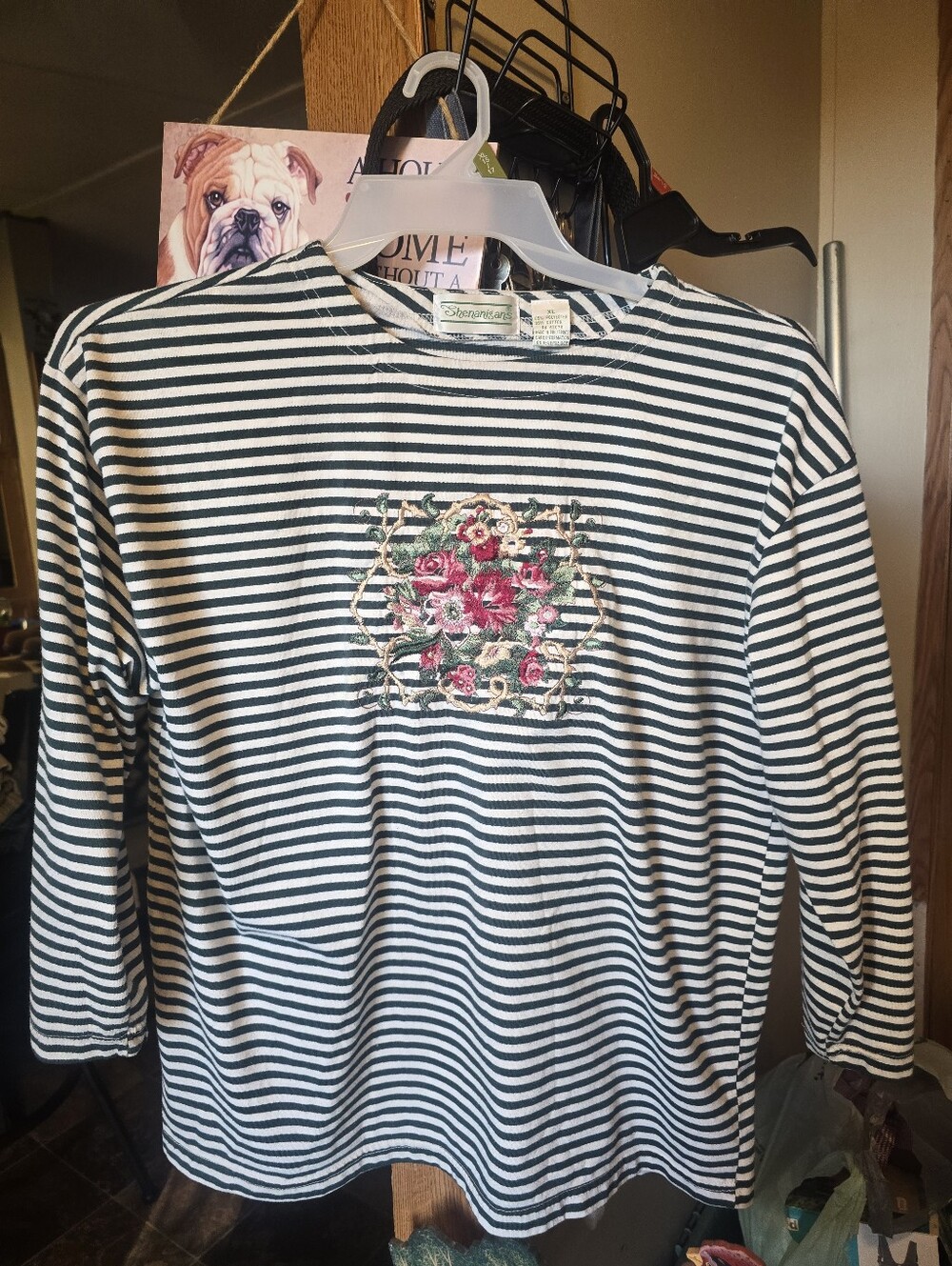 St. John's Bay Green & White Striped Long-Sleeve Top with Pink Floral Embroidery